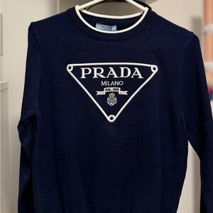 Prada Navy Blue Wool Logo Sweater with White Trim